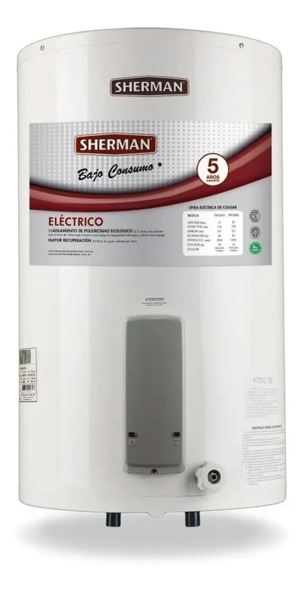Termotanque eléctrico Sherman bajo consumo 55 litros colgante conexión superior